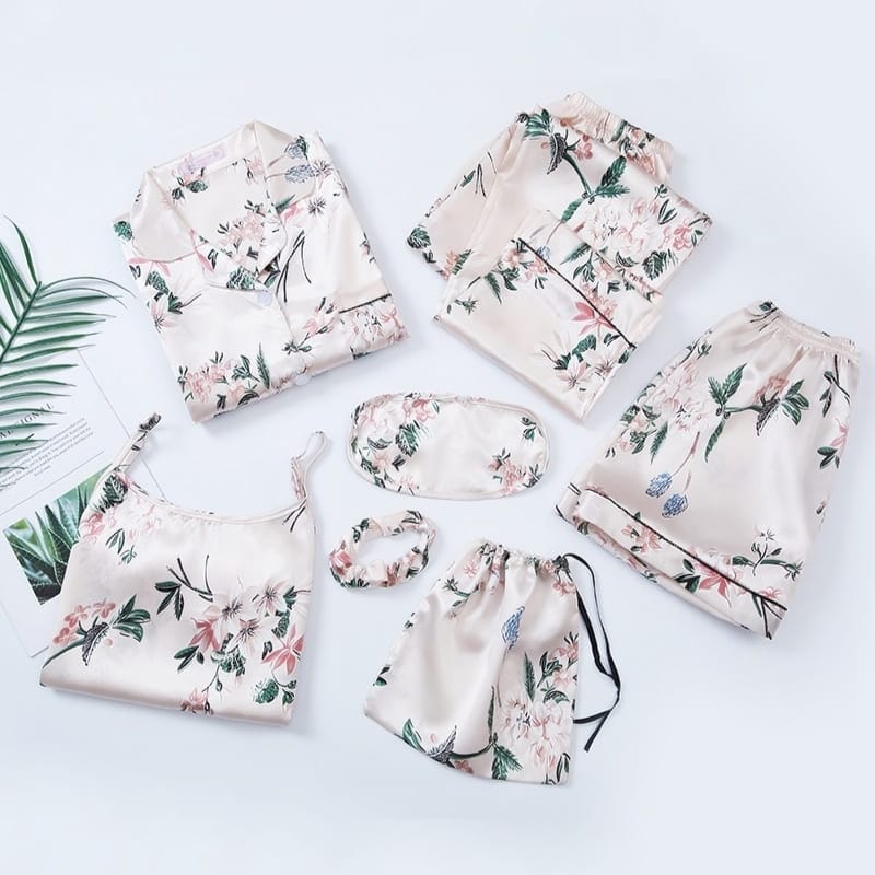 7pcs Floral Print Satin Pajama Set