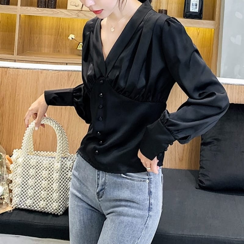 Black Satin Button Up Blouse