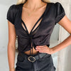 Black Satin Tie Front Crop Top