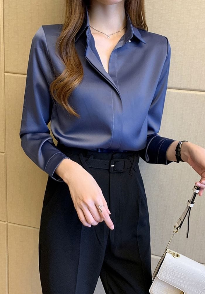 Blue Satin Button Down Shirt