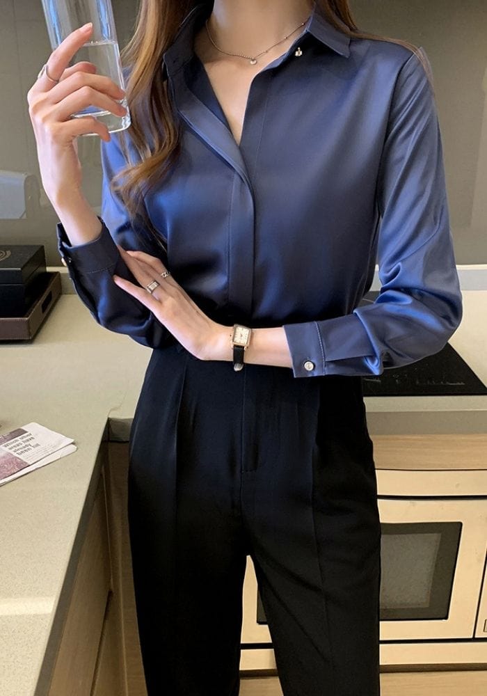 Blue Satin Button Down Shirt