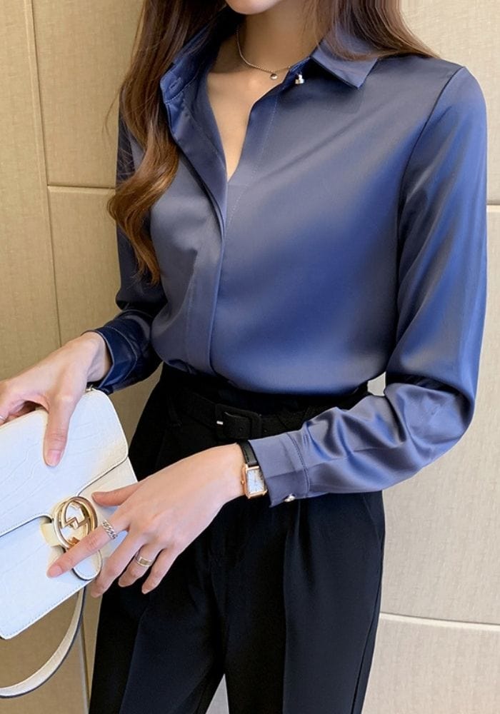 Blue Satin Button Down Shirt