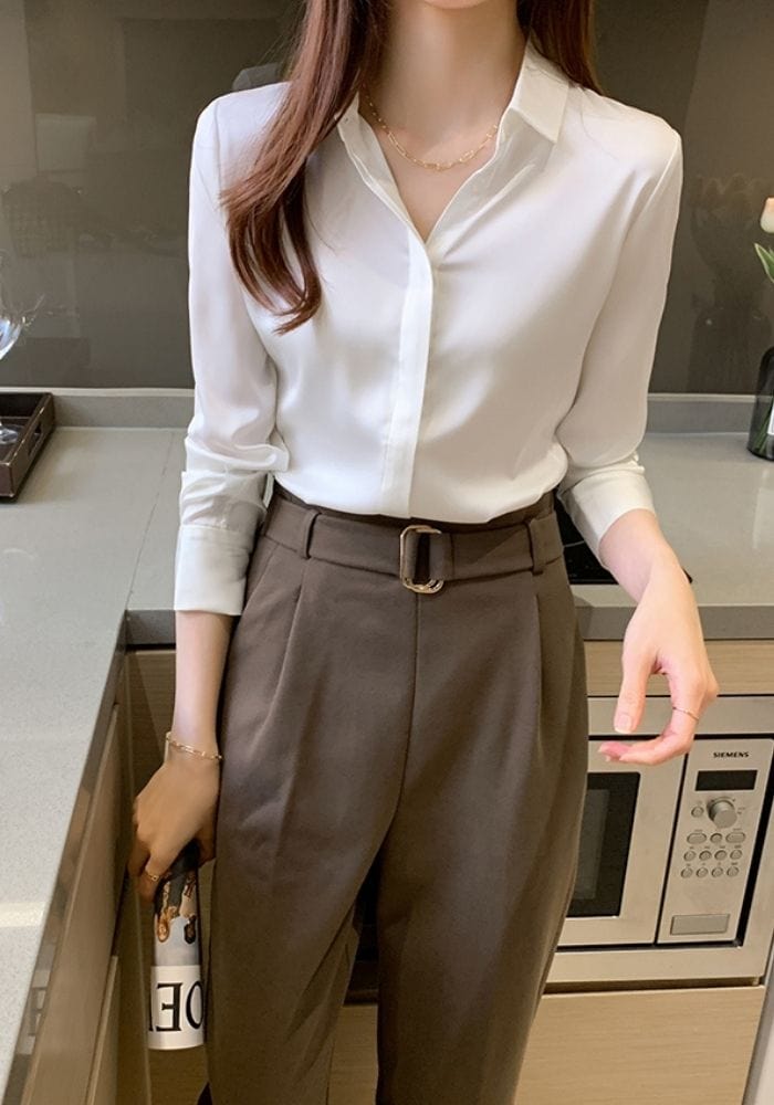 Satin White Button Down Shirt