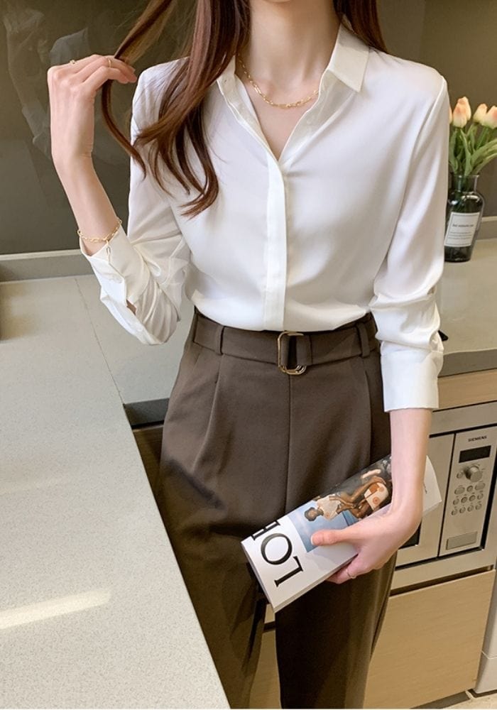 Satin White Button Down Shirt