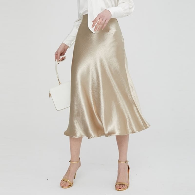 Beige Satin Midi Skirt