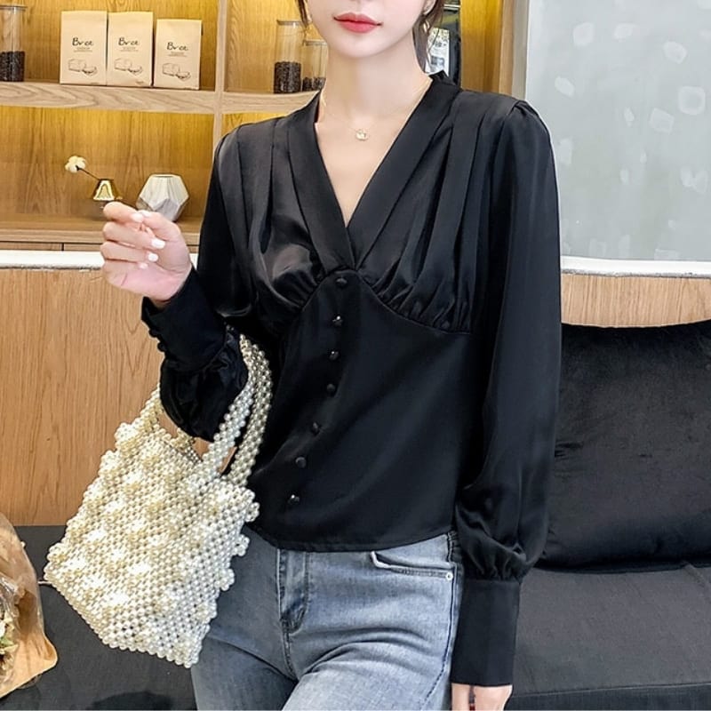 Black Satin Button Up Blouse