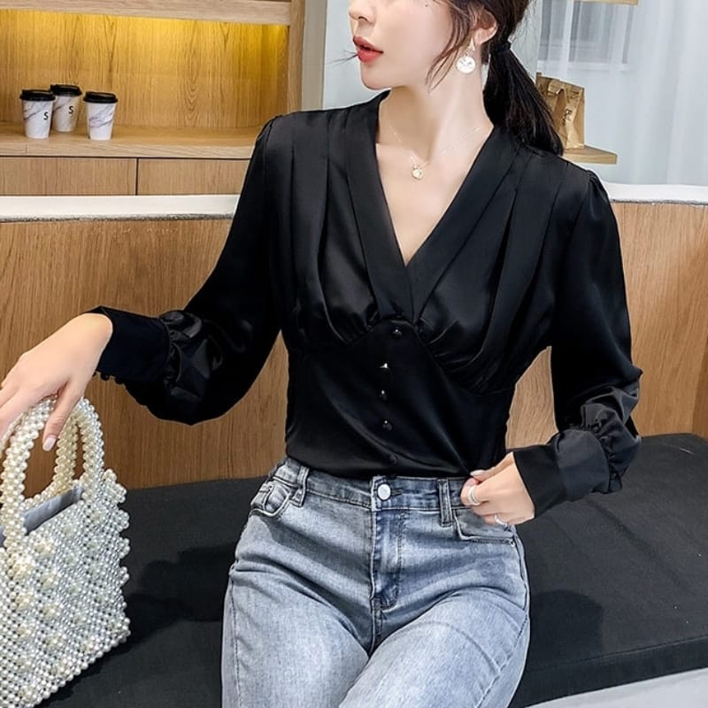 Black Satin Button Up Blouse
