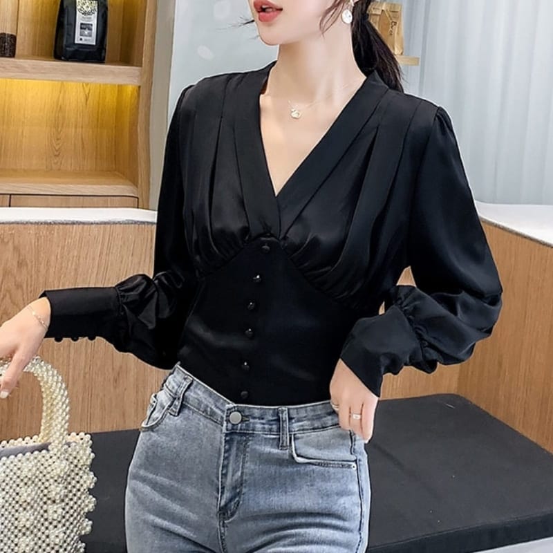 Black Satin Button Up Blouse