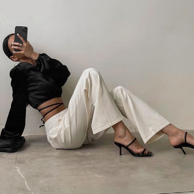 Black Satin Crop Top Long Sleeve