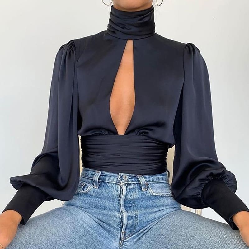Black Satin High Neck Blouse