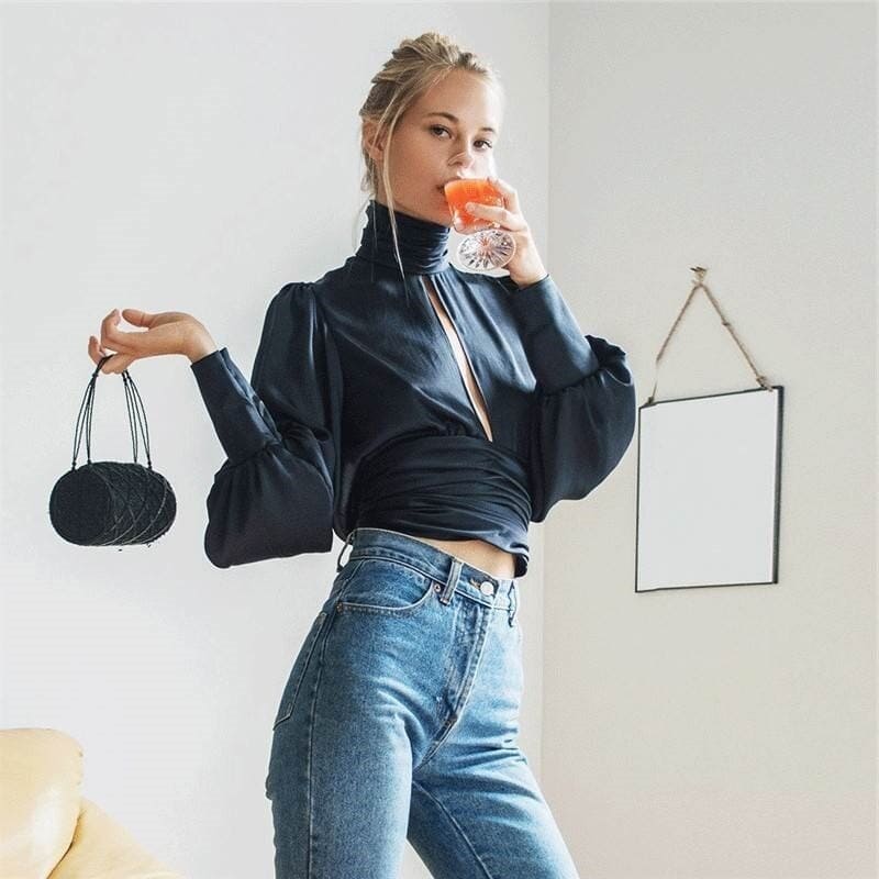 Black Satin High Neck Blouse