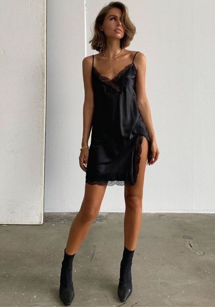 Black Satin Lace Dress