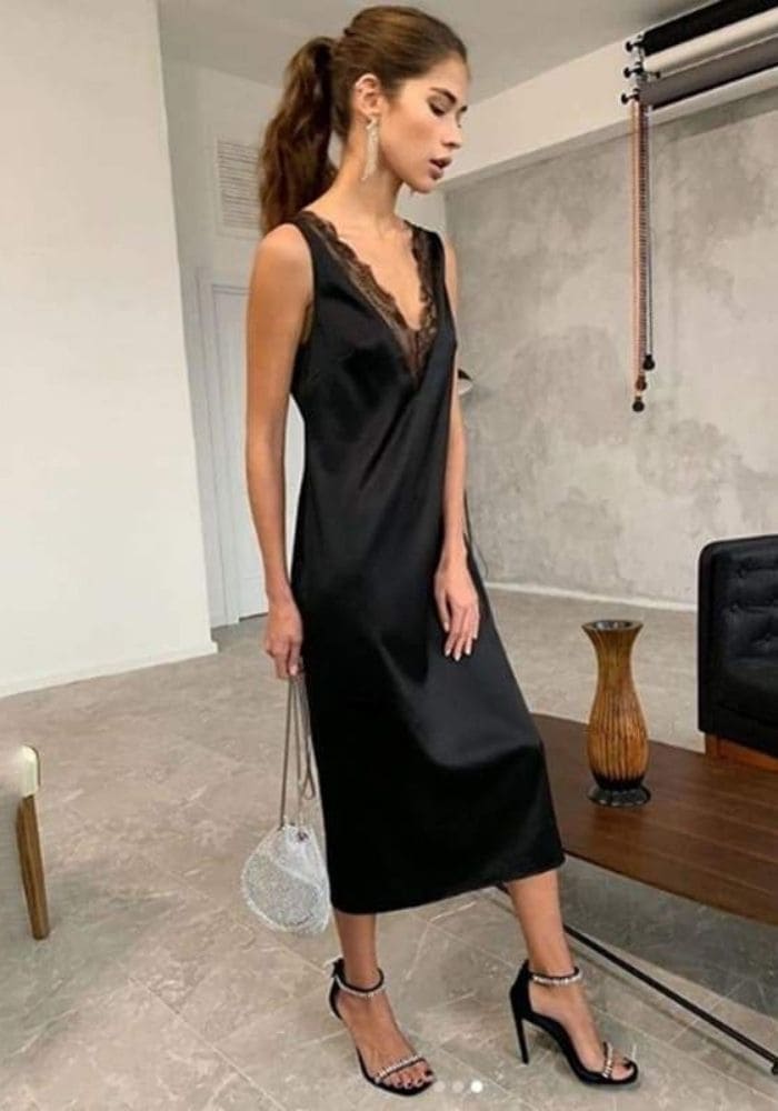 Black Satin Midi Dress