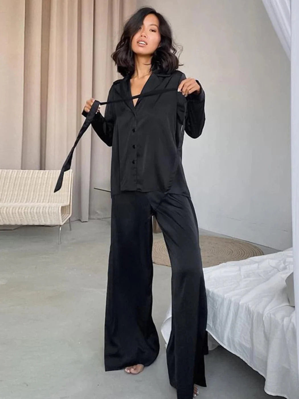 Black Satin Pants Set