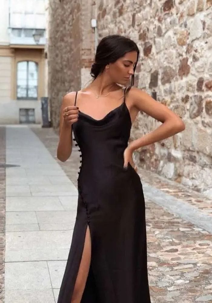 Black Satin Slit Dress