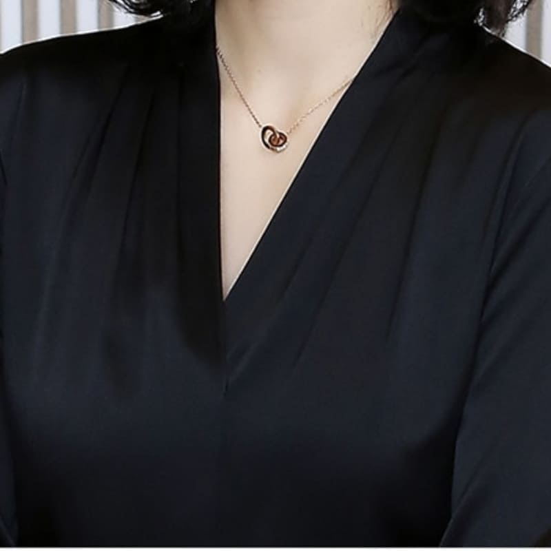 Black Satin V Neck Blouse