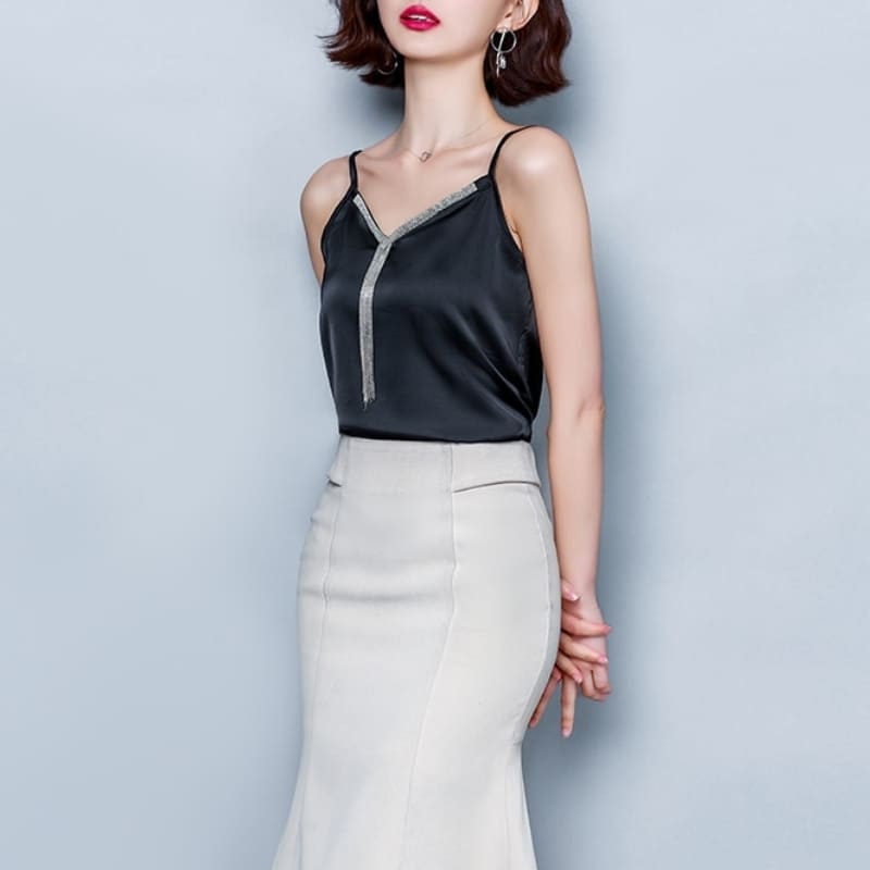 Black V Neck Satin Top