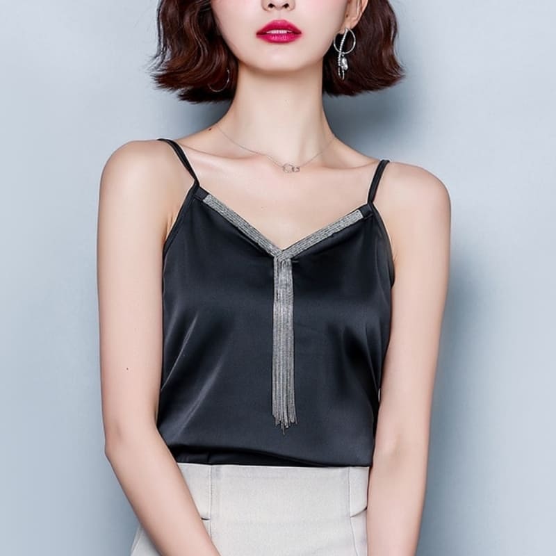 Black V Neck Satin Top