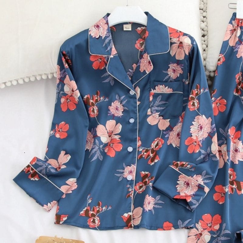 Blue Floral Satin Pajamas