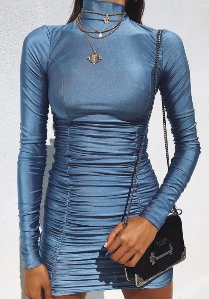 Blue Satin Long Sleeve Dress