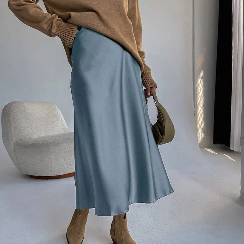 Blue Satin Midi Skirt