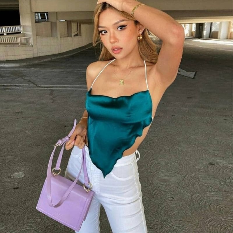 Dark Blue Satin Crop Top