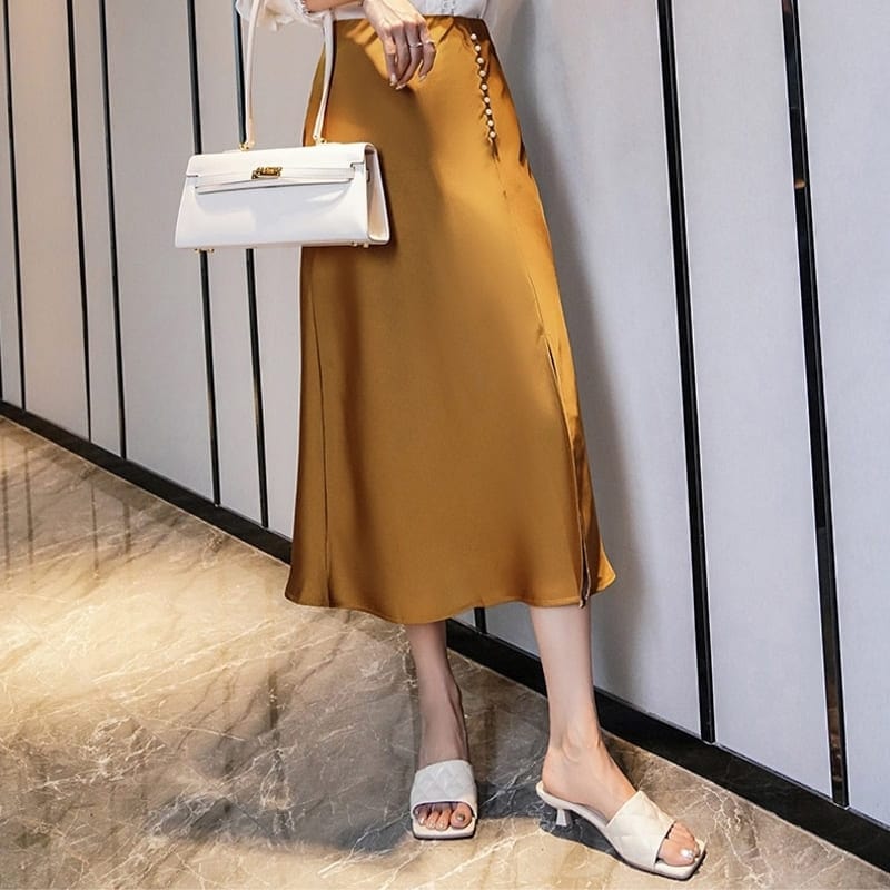 Gold Satin Midi Skirt