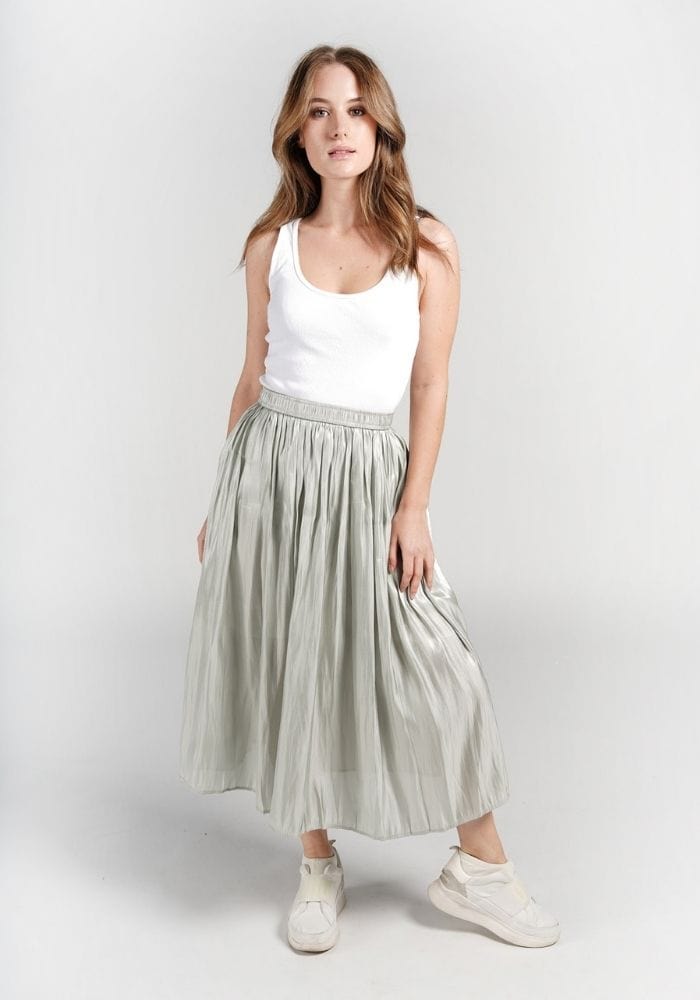 Green Satin Pleated Maxi Skirt