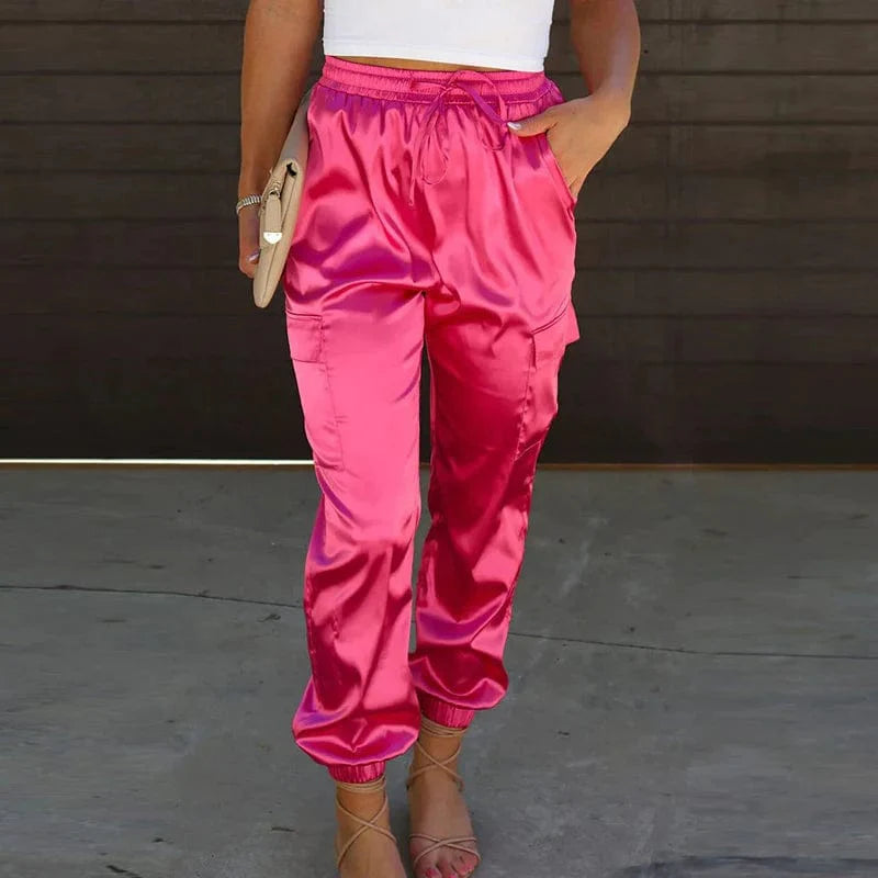 High Waisted Satin Cargo Pants