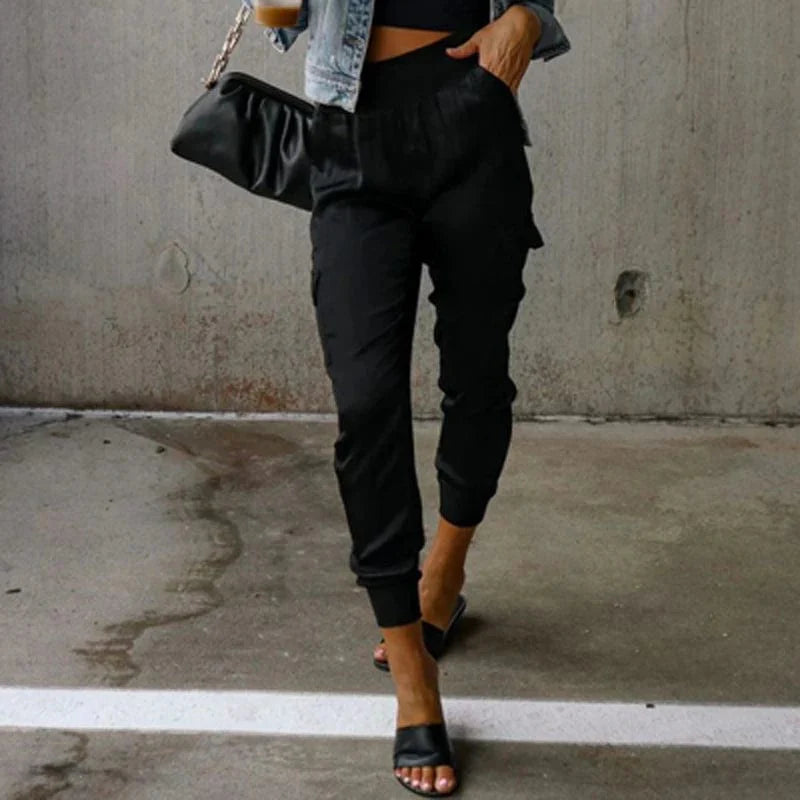 High Waisted Satin Cargo Pants