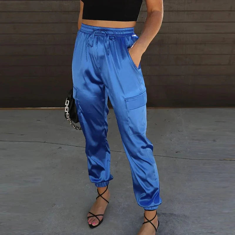 High Waisted Satin Cargo Pants