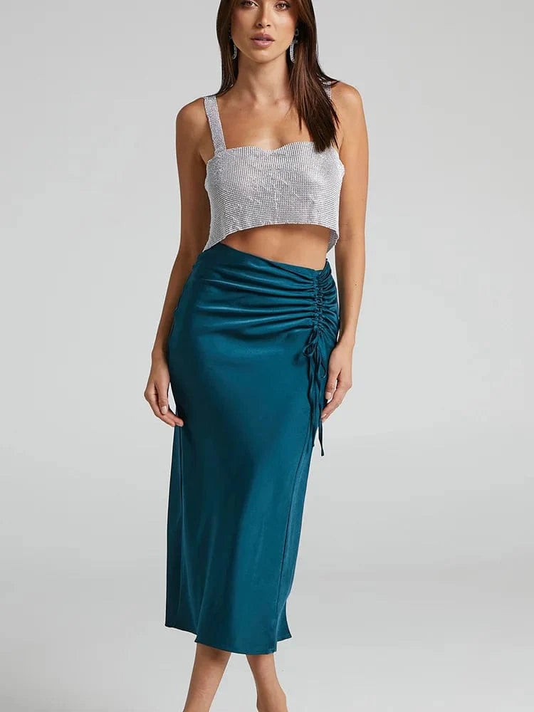 High Waisted Satin Midi Skirt