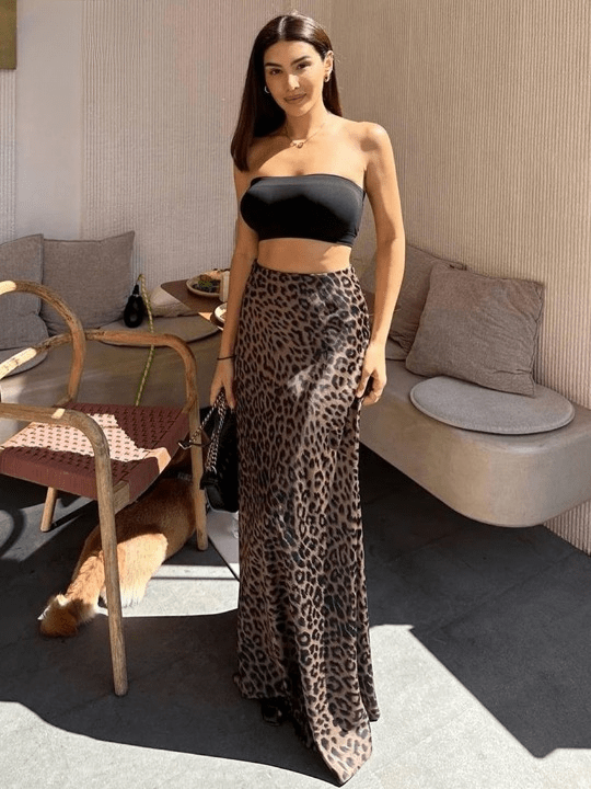 Leopard Print Satin Maxi Skirt