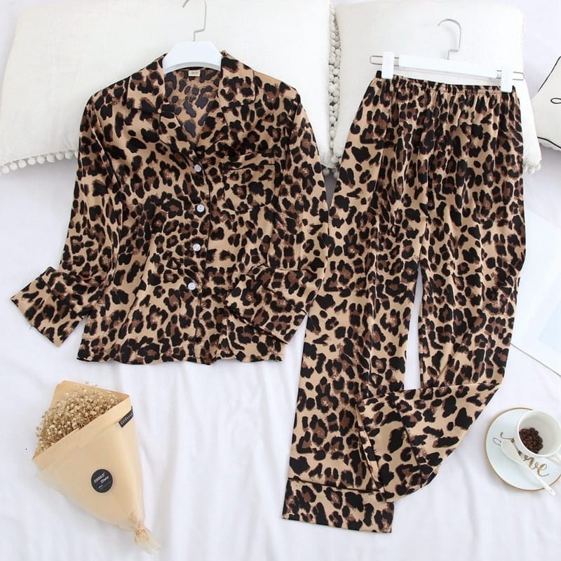 Leopard Print Satin Pajamas
