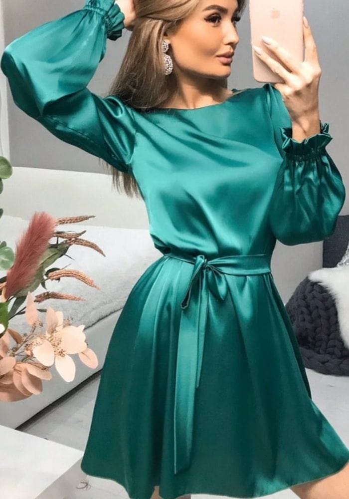 Long Sleeve Green Satin Dress