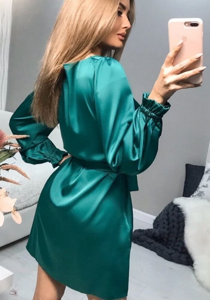 Long Sleeve Green Satin Dress