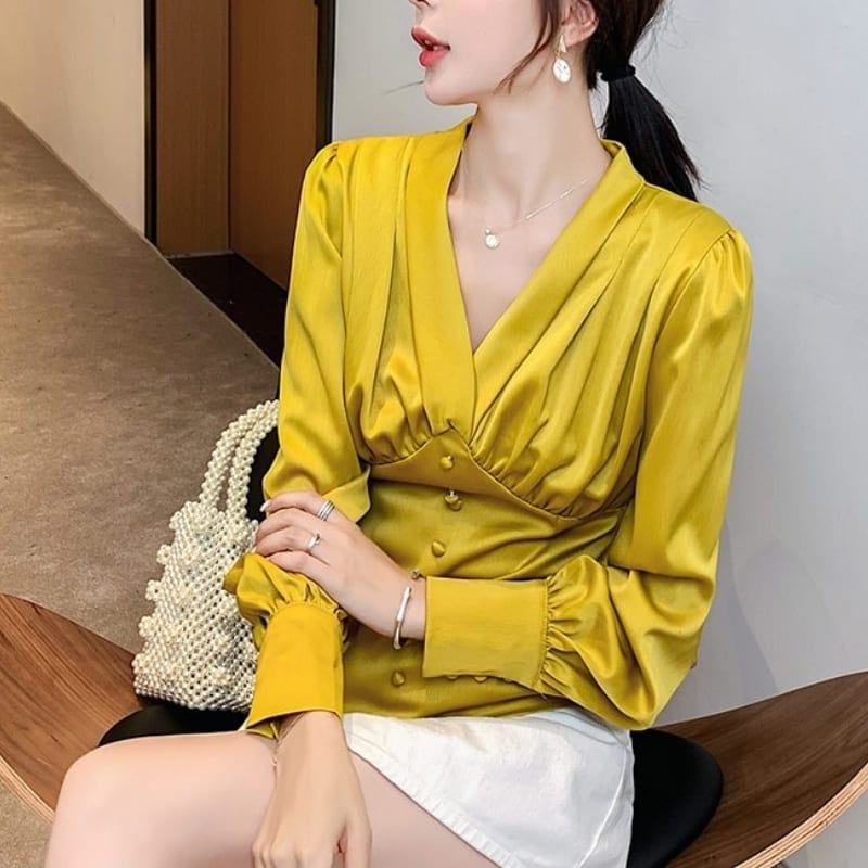 Long Sleeve Satin Yellow Blouse
