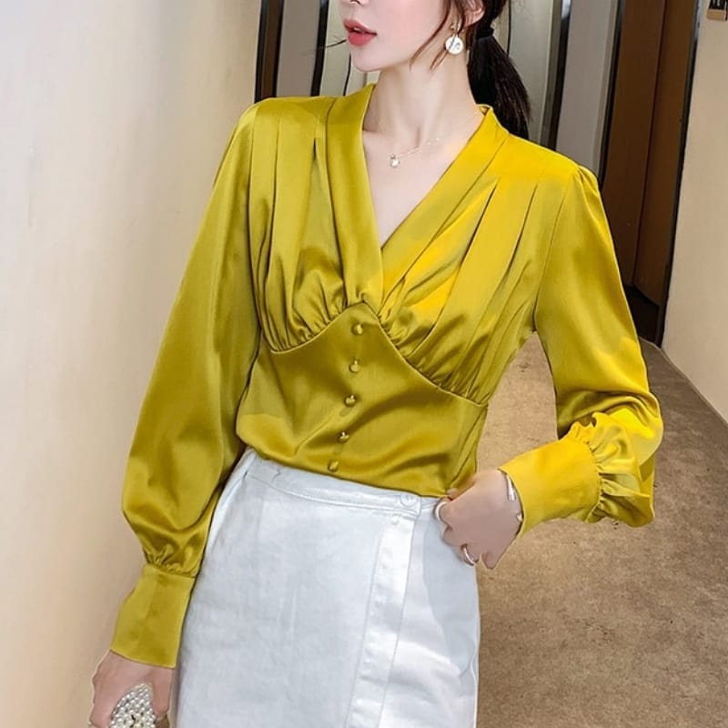 Long Sleeve Satin Yellow Blouse