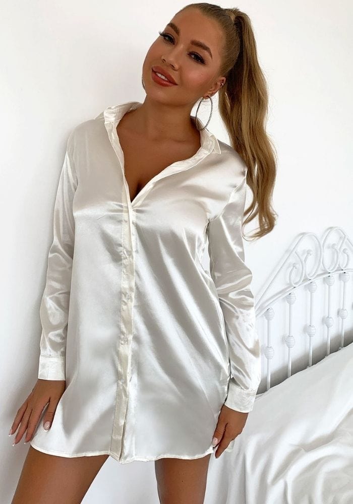 white satin dress long sleeve Off Shoulder V-neck Longsleeves White Satin Dress L / White