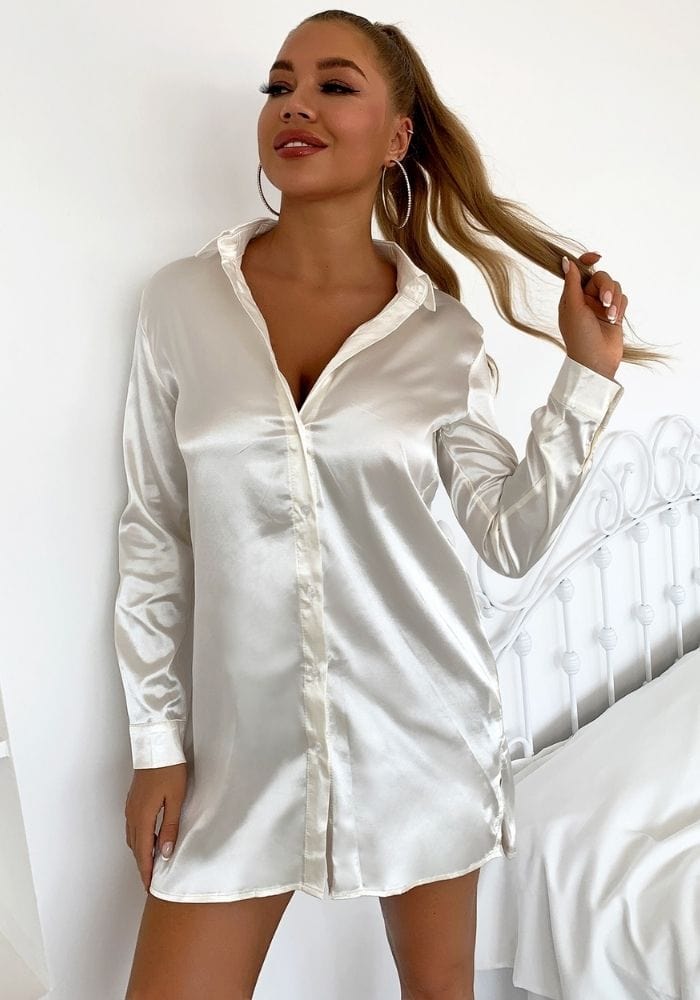 Long Sleeve White Satin Dress