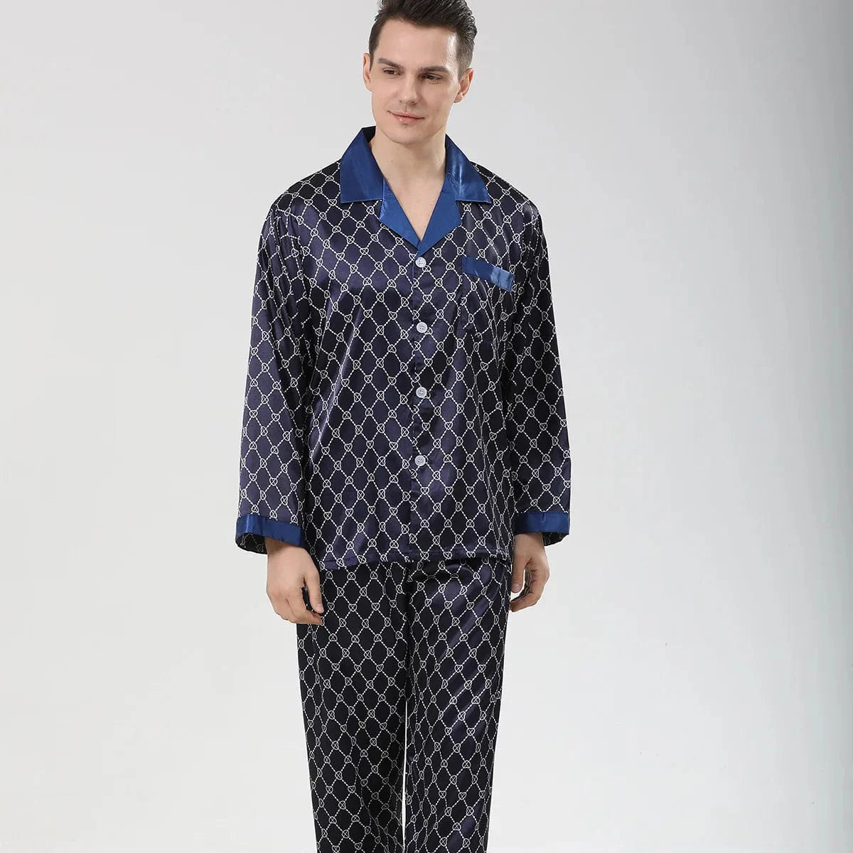 Mens Navy Blue Satin Pajamas