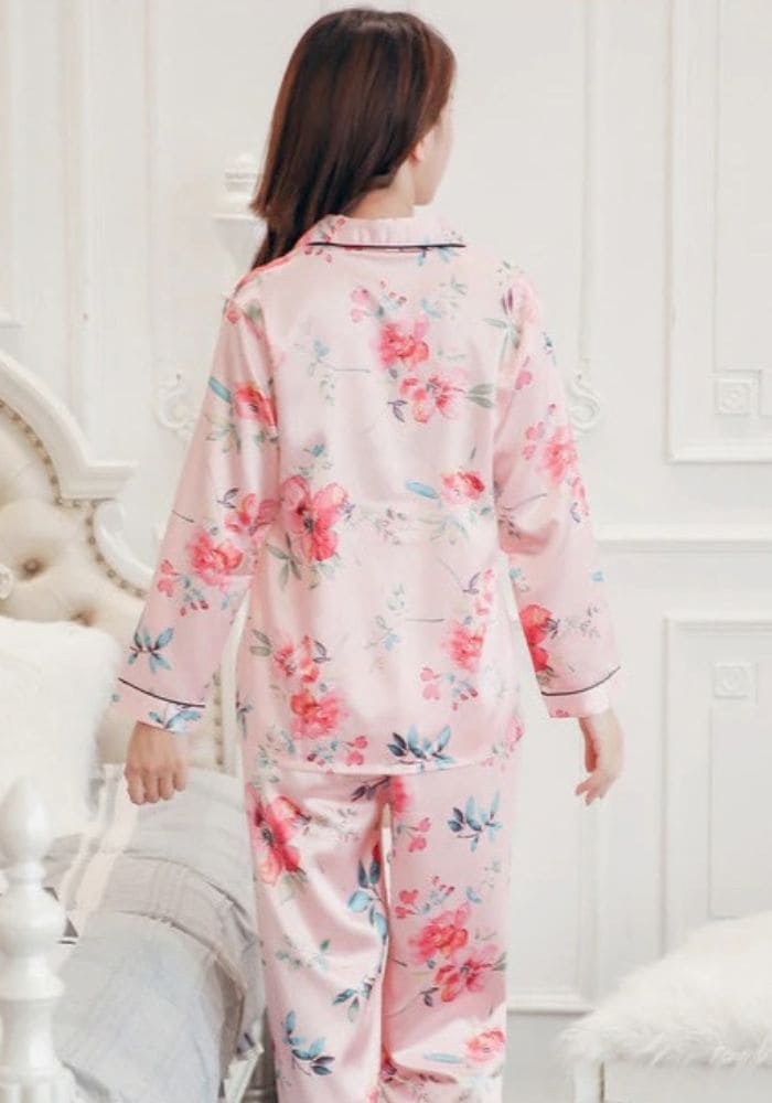 Pink Floral Satin Pajamas