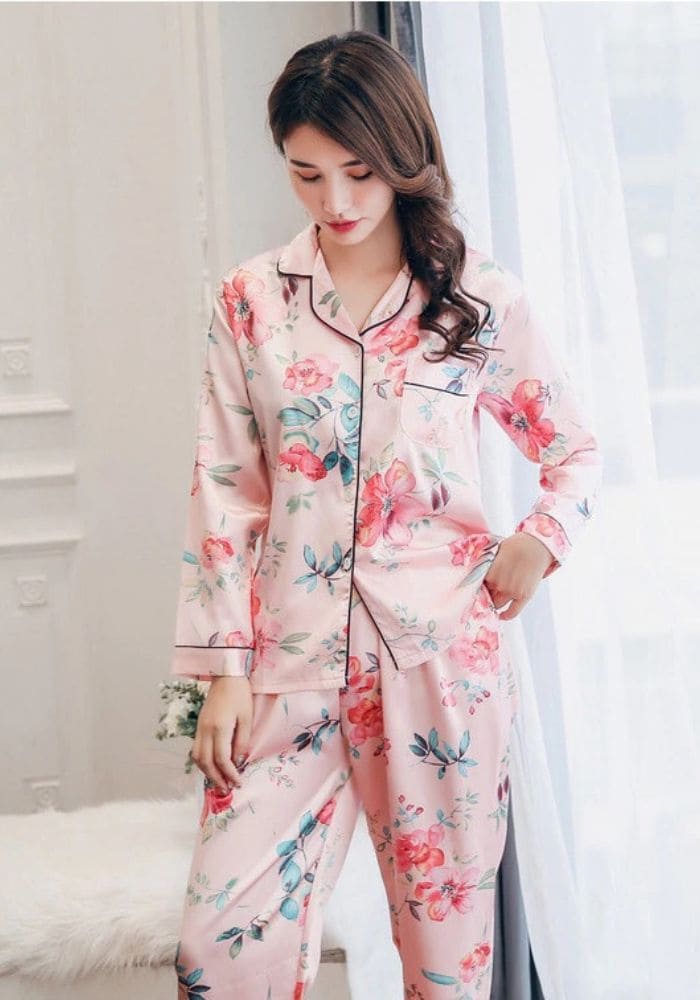 Pink Floral Satin Pajamas