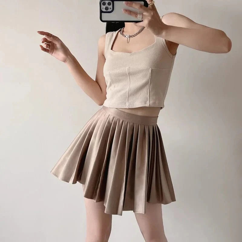 Pleated Satin Mini Skirt