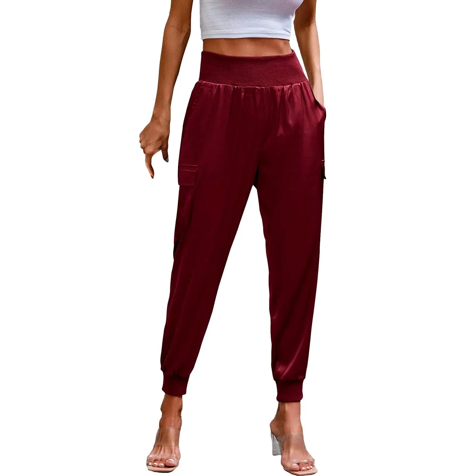 Red Satin Cargo Pants