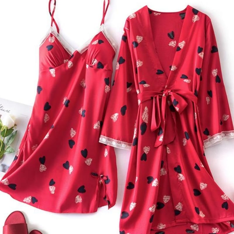 Red Satin Pajama Set Womens