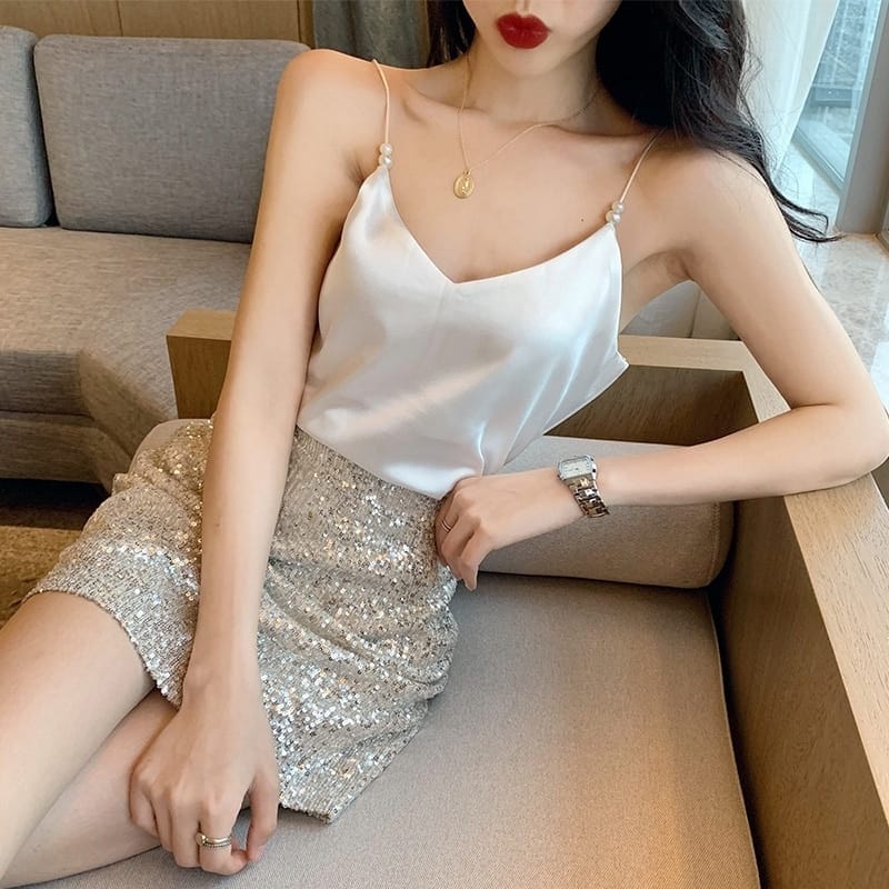 Satin White Spaghetti Strap Tank Top