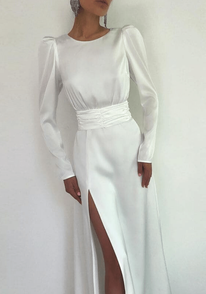 White Satin Long Sleeve Dress
