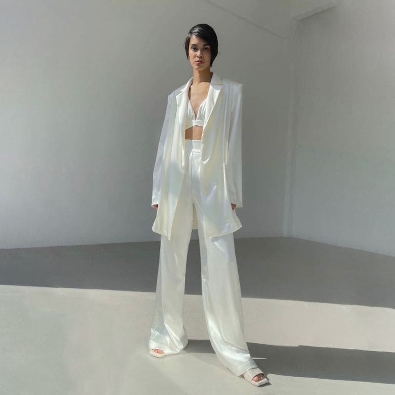 White Satin Pants Set