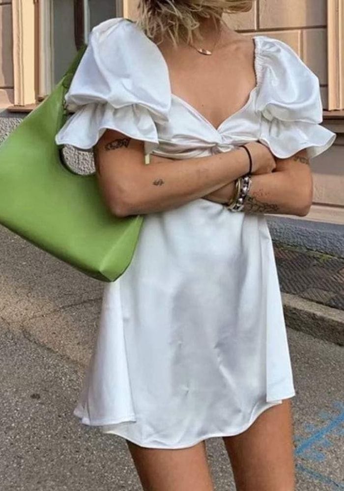 White Satin Puff Sleeve Dress